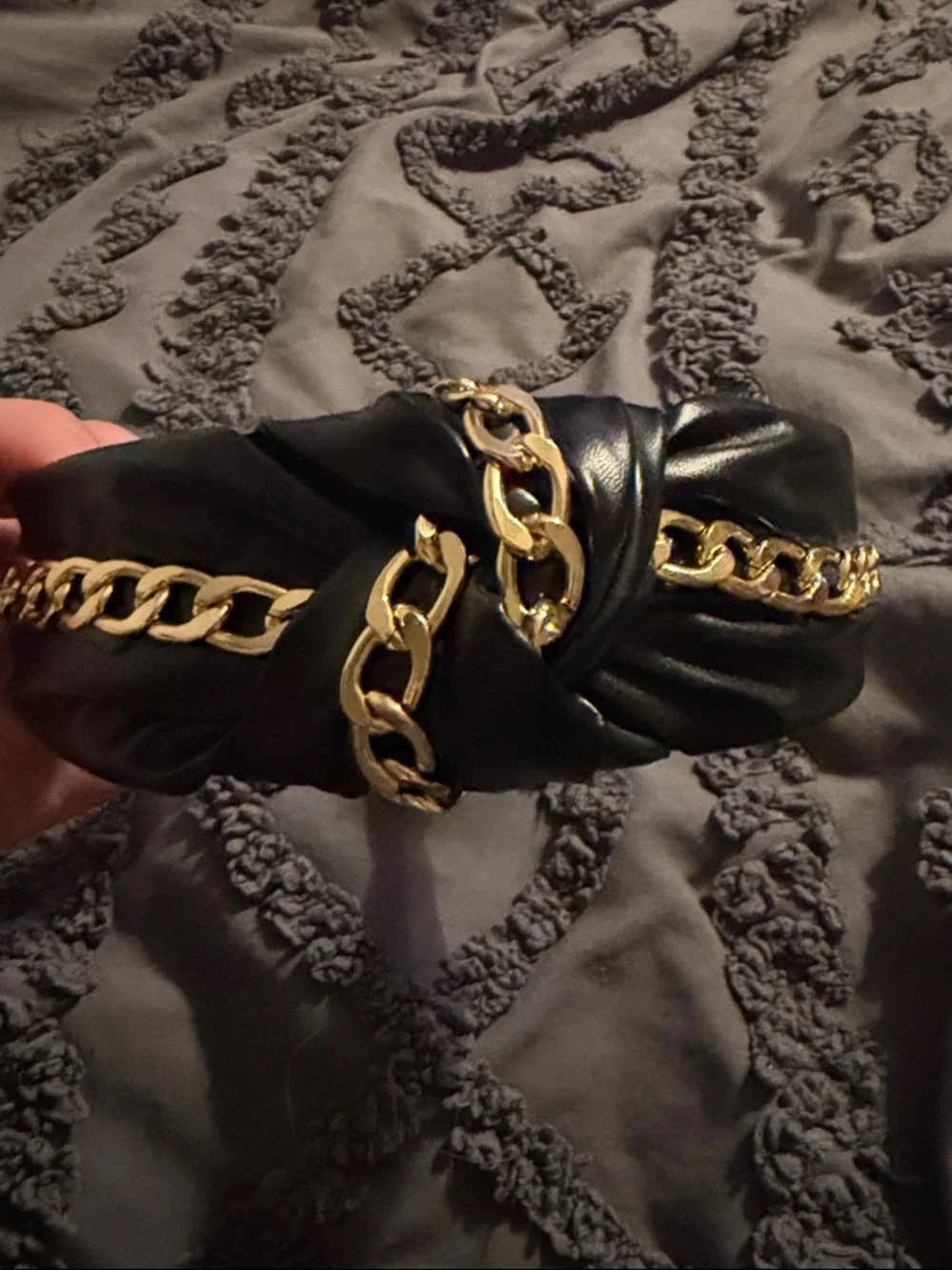 Black Padded Knot Headband with Gold Chain Detail